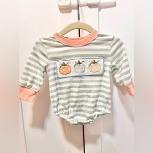 Smocked Striped Baby Romper with Pumpkin Design